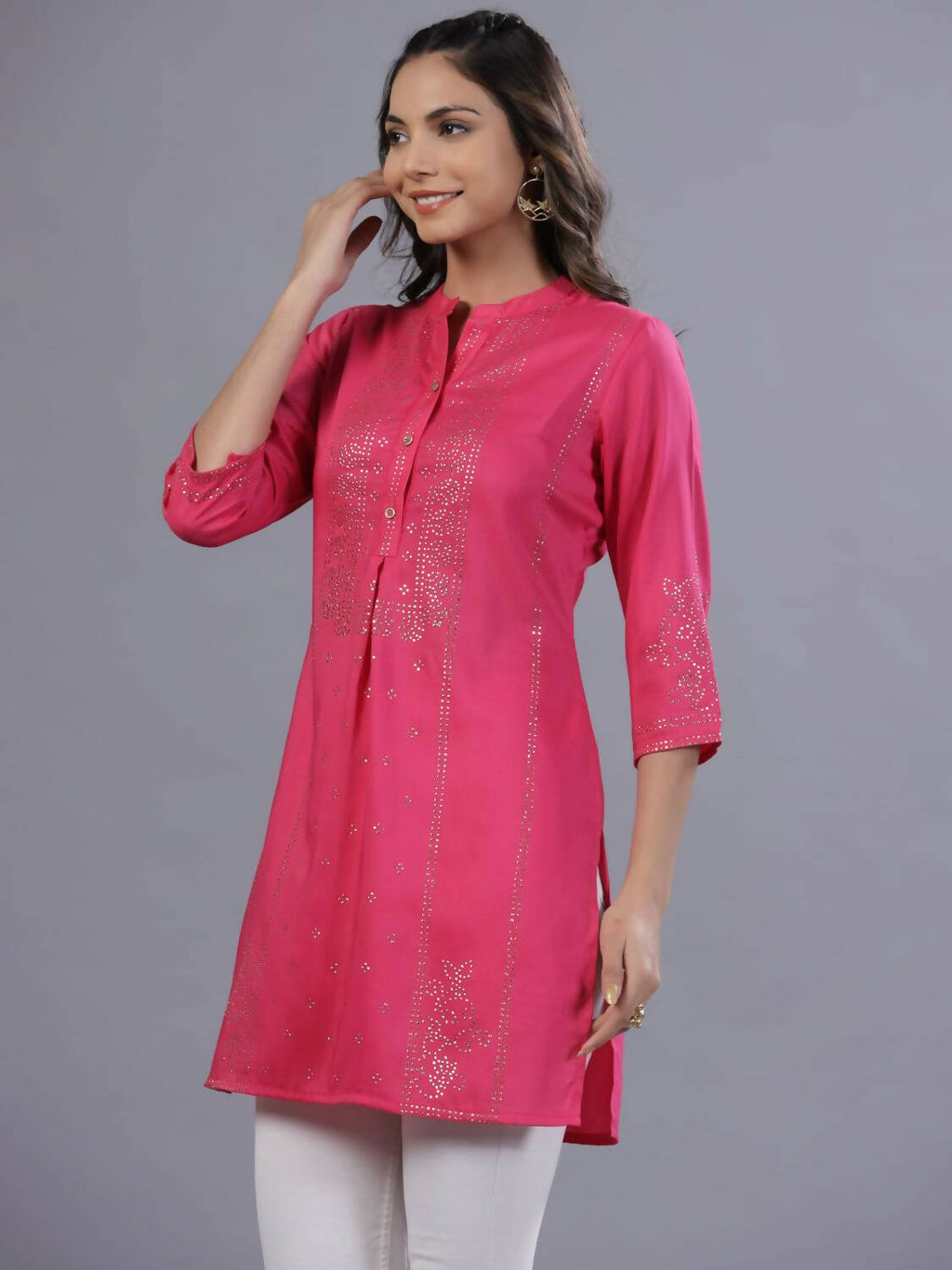 Juniper Women Fuchsia Chinon Silk Mukesh Work Straight Tunic