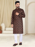Mens Brown Cotton Printed Kurta - Mahotsav