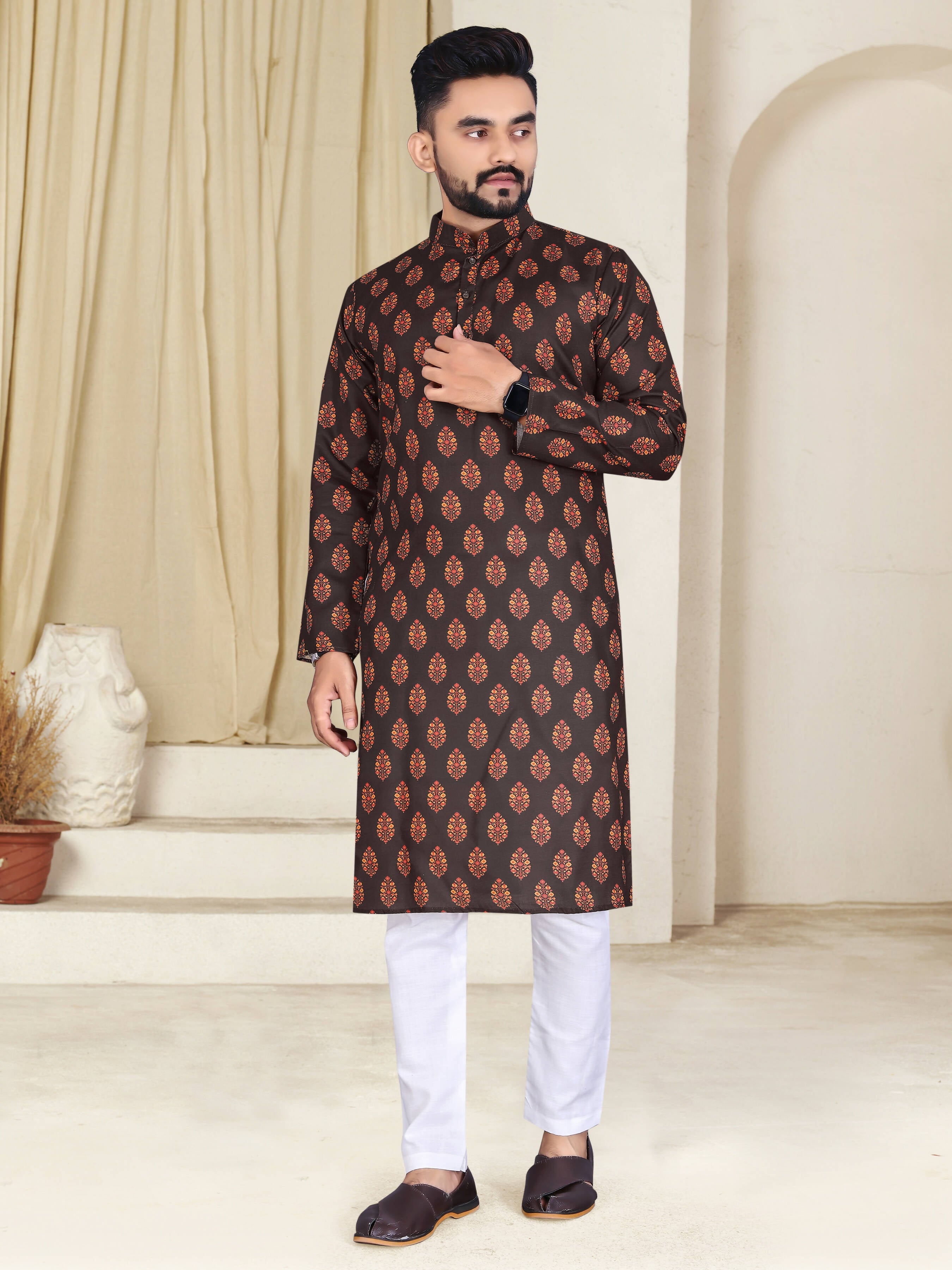 Mens Brown Cotton Printed Kurta - Mahotsav