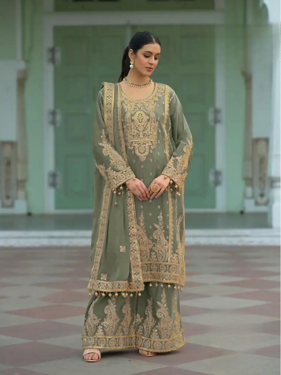 Anaita Mehndi Heavy Chinon Readymade Palazzo Suit with Heavy Embroidery Work - Distacart