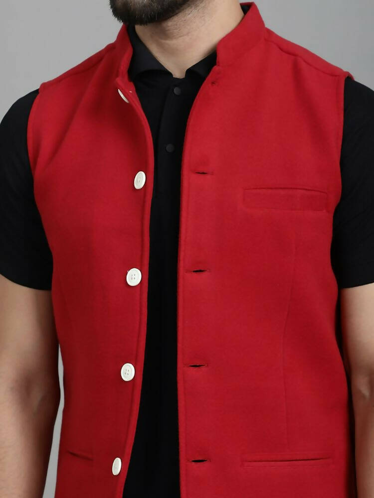 Even Apparels Nehru Jacket With Welt Pockets - Red