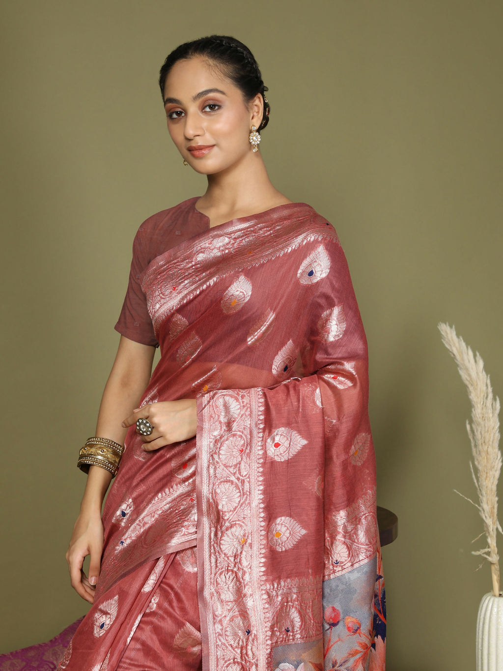 Shree Shyam Fashion Linen Cotton Rust Saree - Distacart