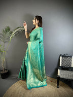 Joban Fashion Teal Floral Motifs & Ethnic Design Soft Satin Silk Kanchipuram Saree - Distacart