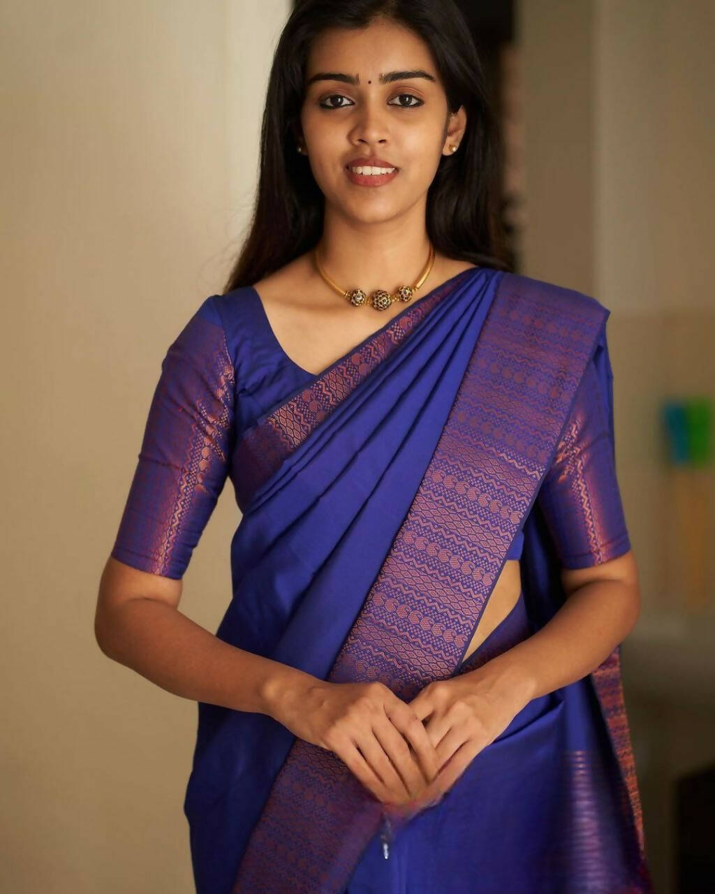 DEIANA'S Beautiful Designer Golden zari Soft Lichi Silk Saree - BLue
