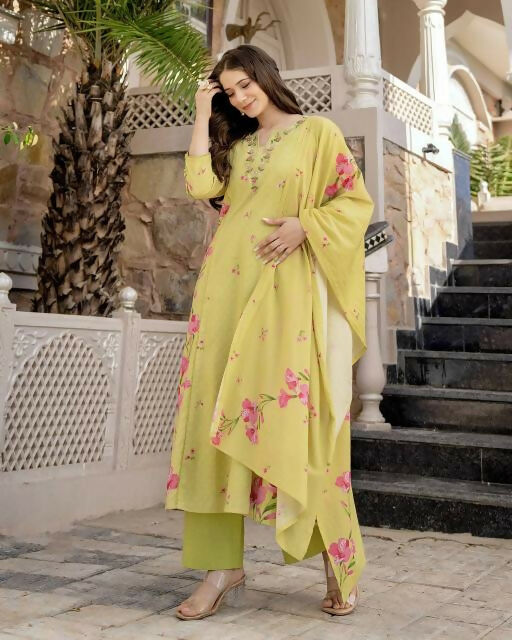 The52 Lemons Women's Beautiful Chanderi Fabric Printed Work Straight Kurta Pant and Dupatta Set - Distacart