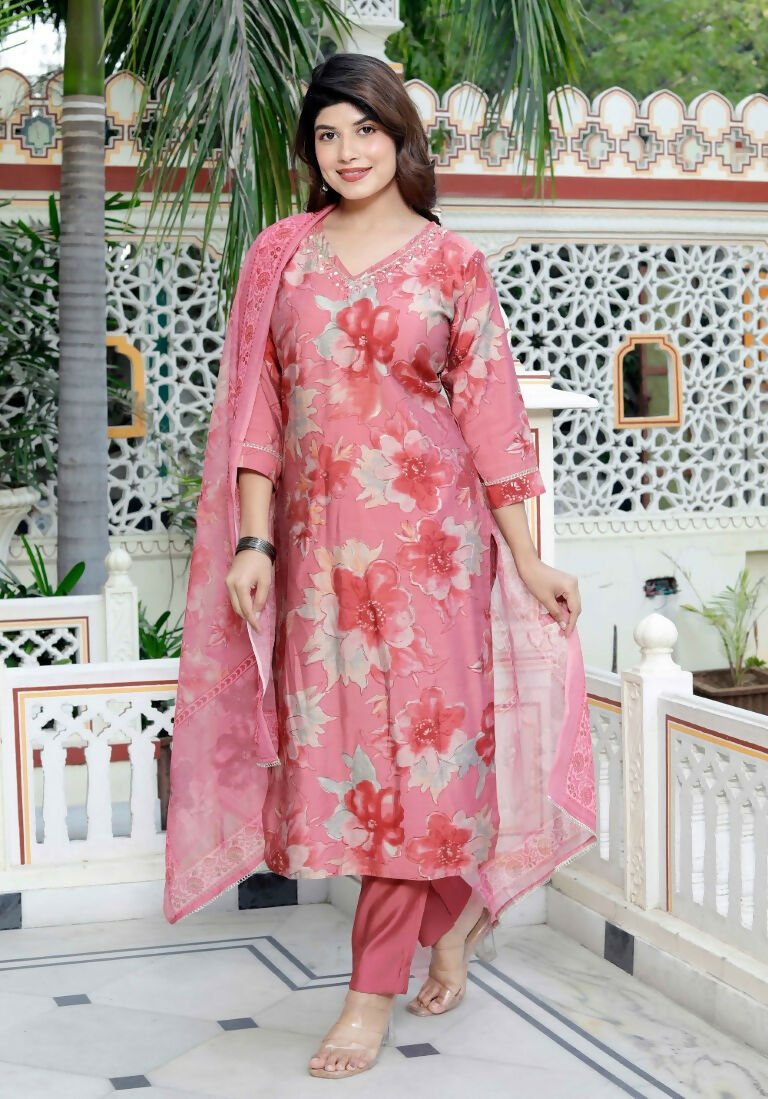 Miravan Women's Muslin Pink V-Neck Embroidered Kurta with Palazzo and Dupatta