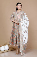 Miravan Women's Partywear Brown Floral Printed Gota Work Long Anarkali With Dupatta Set