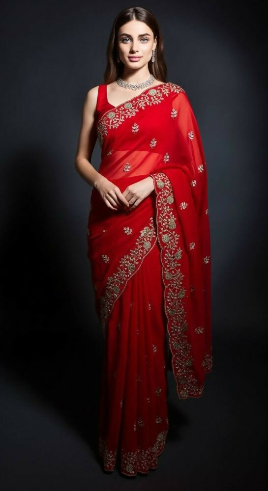 Joban Fashion Red Fandy Satin Silk Party Wear Sarees - Distacart