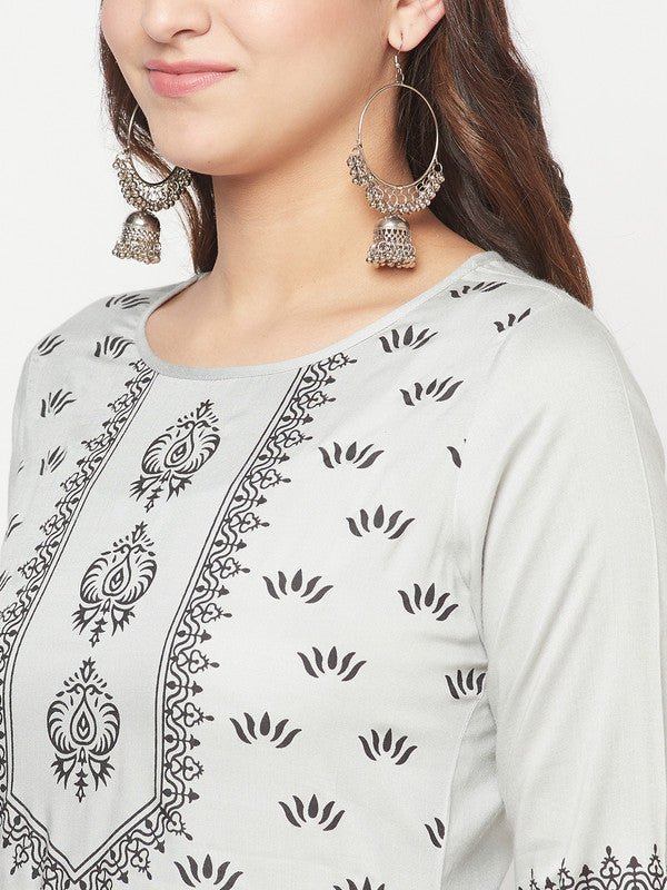 Aniyah Rayon Screen Print Light Grey Straight Kurta