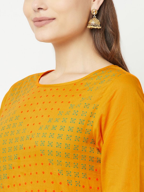 Aniyah Cotton Block Print Mustard Color Straight Kurta