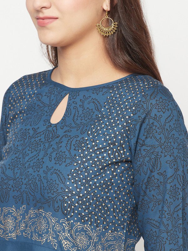 Aniyah Rayon Block Print Blue Anarkali Palazzo Set