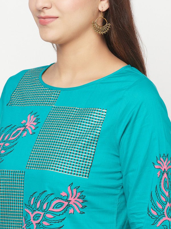 Aniyah Cotton Block Print Turquoise Straight Kurta