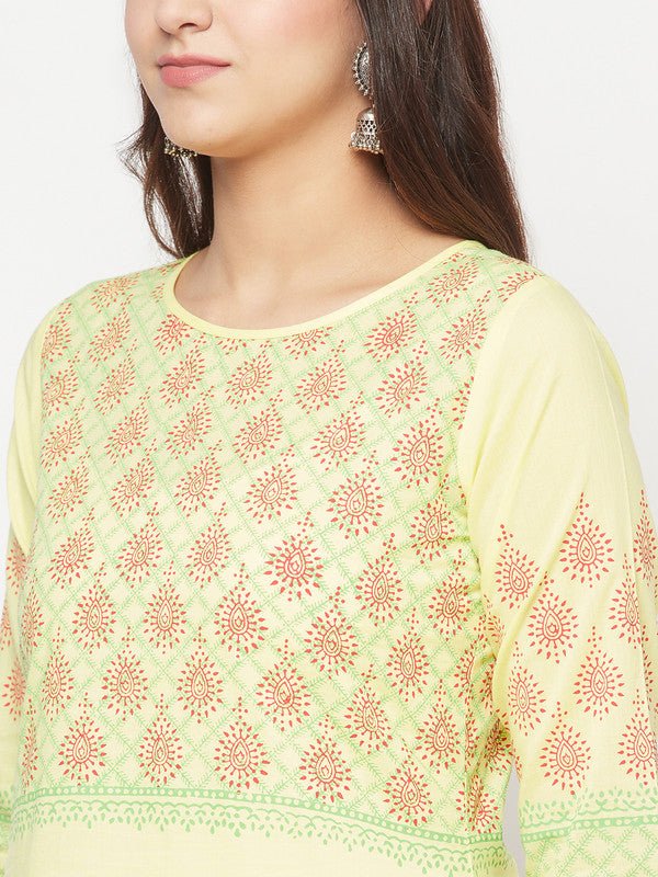Aniyah Cotton Block Print Lemon Yellow Straight Kurta