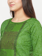 Aniyah Cotton Block Print Green Straight Kurta