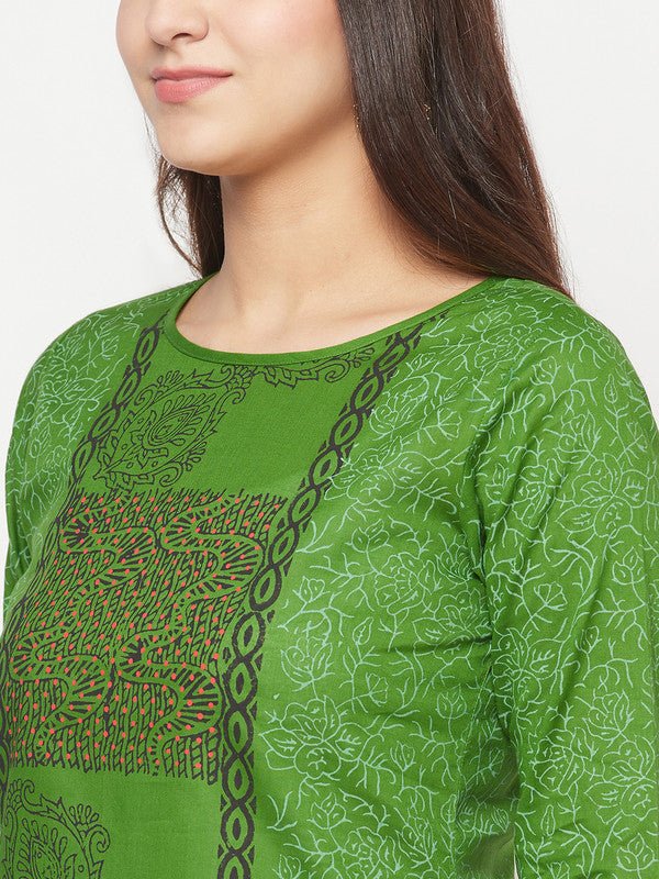 Aniyah Cotton Block Print Green Straight Kurta