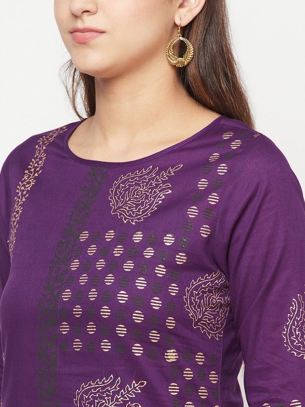 Aniyah Cotton Foil Print Purple Straight Kurta