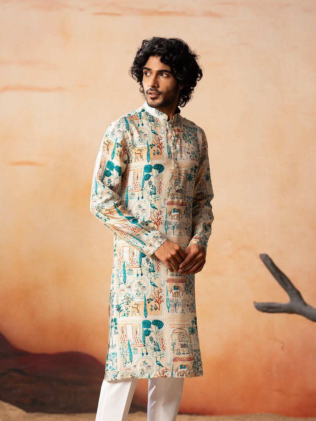 Classic Forest Print Silk Kurta by Hilo Design