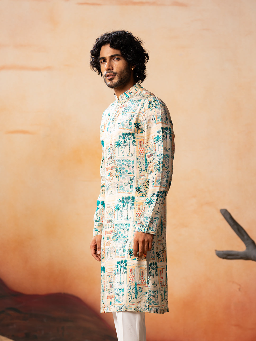 Classic Forest Print Silk Kurta by Hilo Design