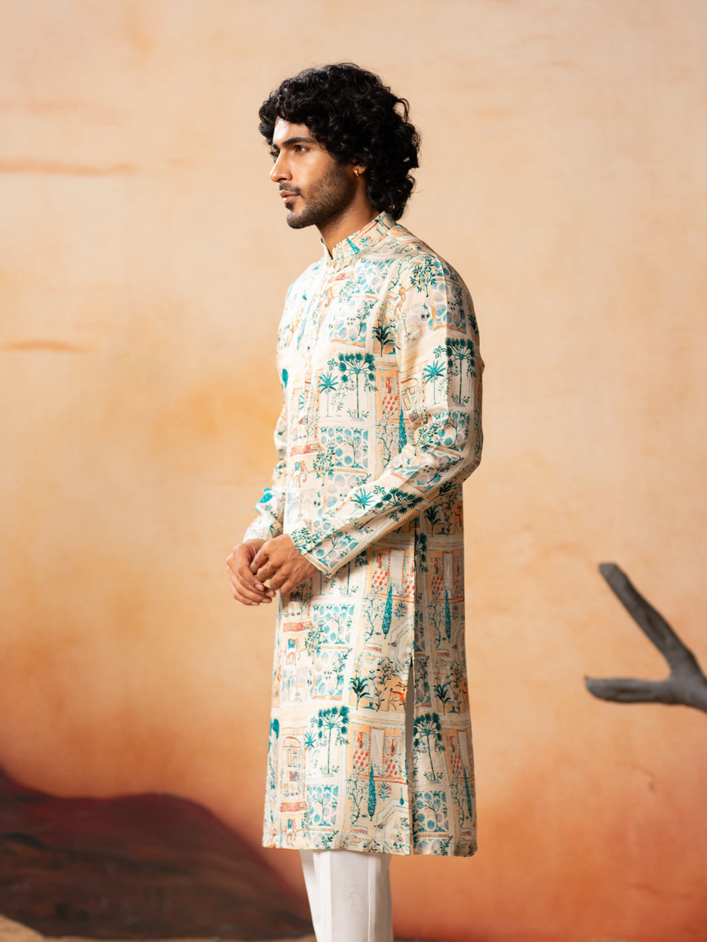 Classic Forest Print Silk Kurta by Hilo Design