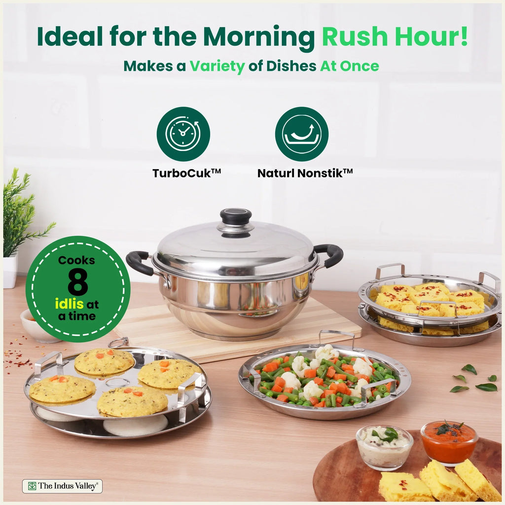 The Indus Valley 8 Pit Tri-Steel Multi Pot Premium Stainless Steel Idli/ Dhokla/ Momo Maker/ Veg Steaming Set, Tri-ply Induction Bottom, 5 Plates, 3L