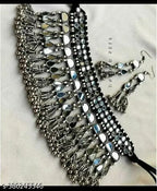 Tehzeeb Creations Women's Silver Colour Oxidised Necklace Set With Mirror Work