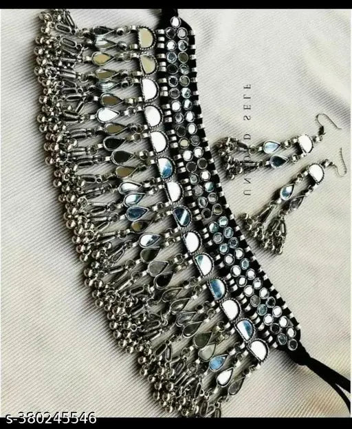 Tehzeeb Creations Women's Silver Colour Oxidised Necklace Set With Mirror Work