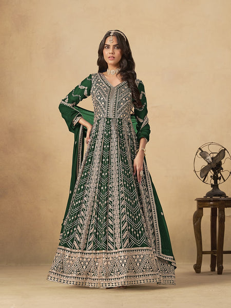 Monjolika Fashion Faux Georgette Embroidered Dark Green Engagement Wear Anarkali Suit