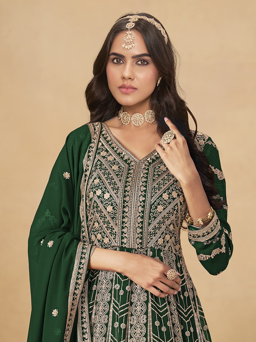 Monjolika Fashion Faux Georgette Embroidered Dark Green Engagement Wear Anarkali Suit - Distacart