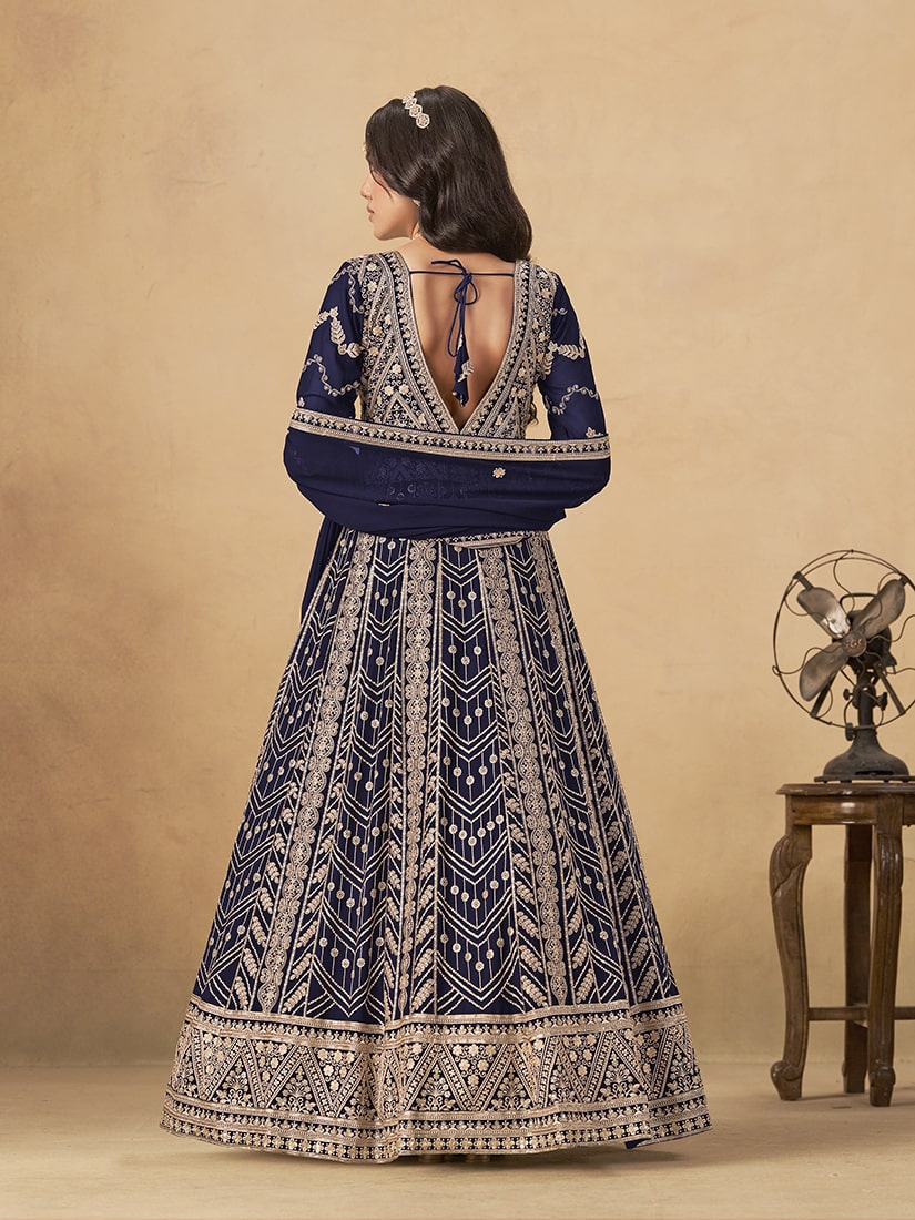 Monjolika Fashion Faux Georgette Embroidered Navy Blue Engagement Wear Anarkali Suit - Distacart
