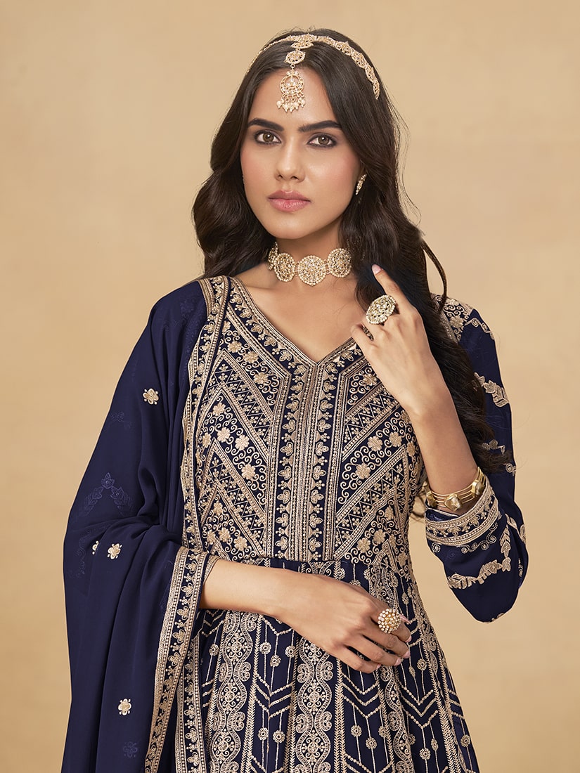 Monjolika Fashion Faux Georgette Embroidered Navy Blue Engagement Wear Anarkali Suit - Distacart