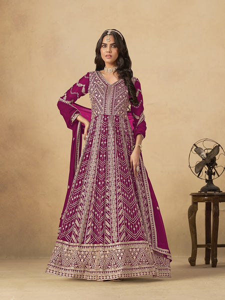Monjolika Fashion Faux Georgette Embroidered Rani Pink Engagement Wear Anarkali Suit