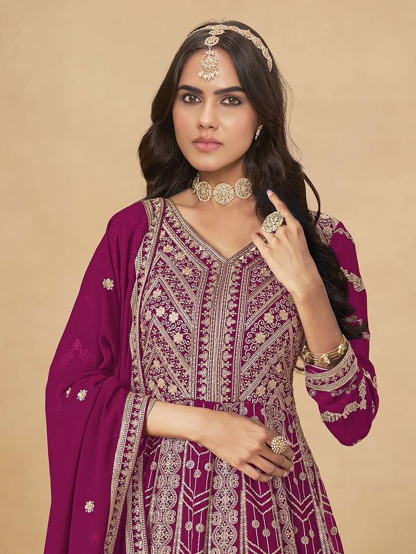 Monjolika Fashion Faux Georgette Embroidered Rani Pink Engagement Wear Anarkali Suit - Distacart