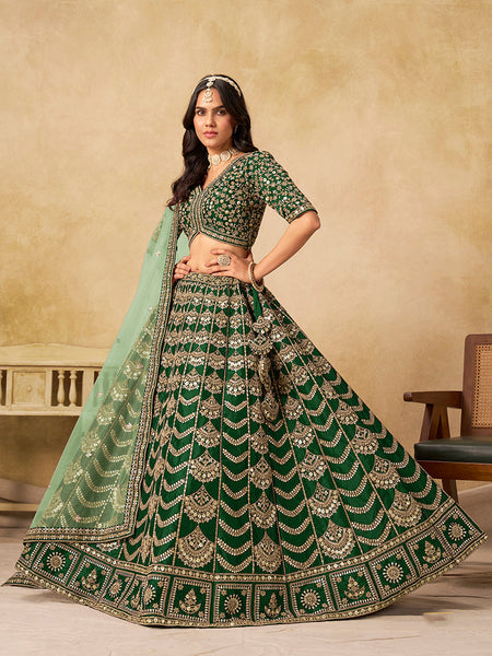Monjolika Fashion Green Color Zari Embroidered Work Art Silk A Line Lehenga Choli