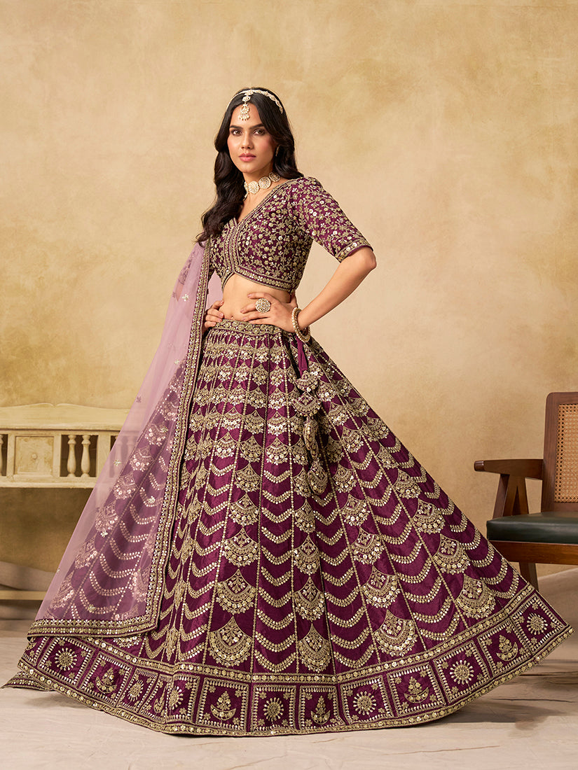 Monjolika Fashion Purple Color Zari Embroidered Work Art Silk A Line Lehenga Choli - Distacart