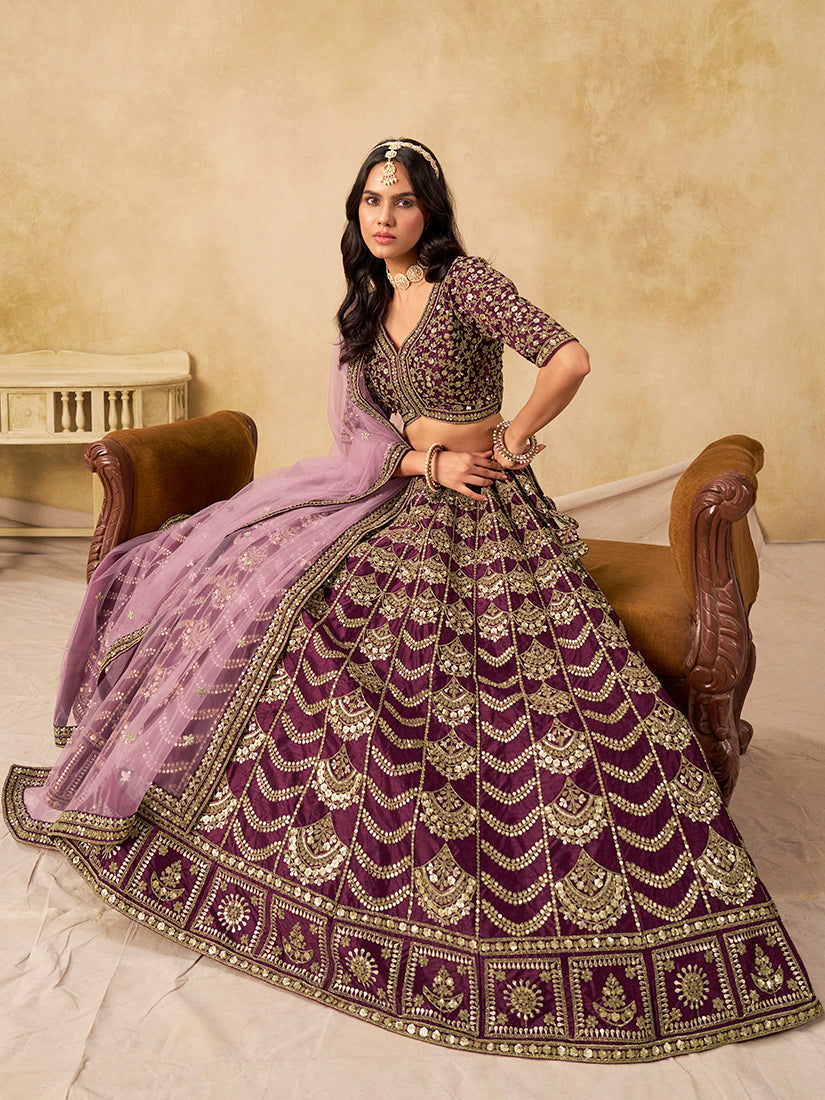 Monjolika Fashion Purple Color Zari Embroidered Work Art Silk A Line Lehenga Choli - Distacart