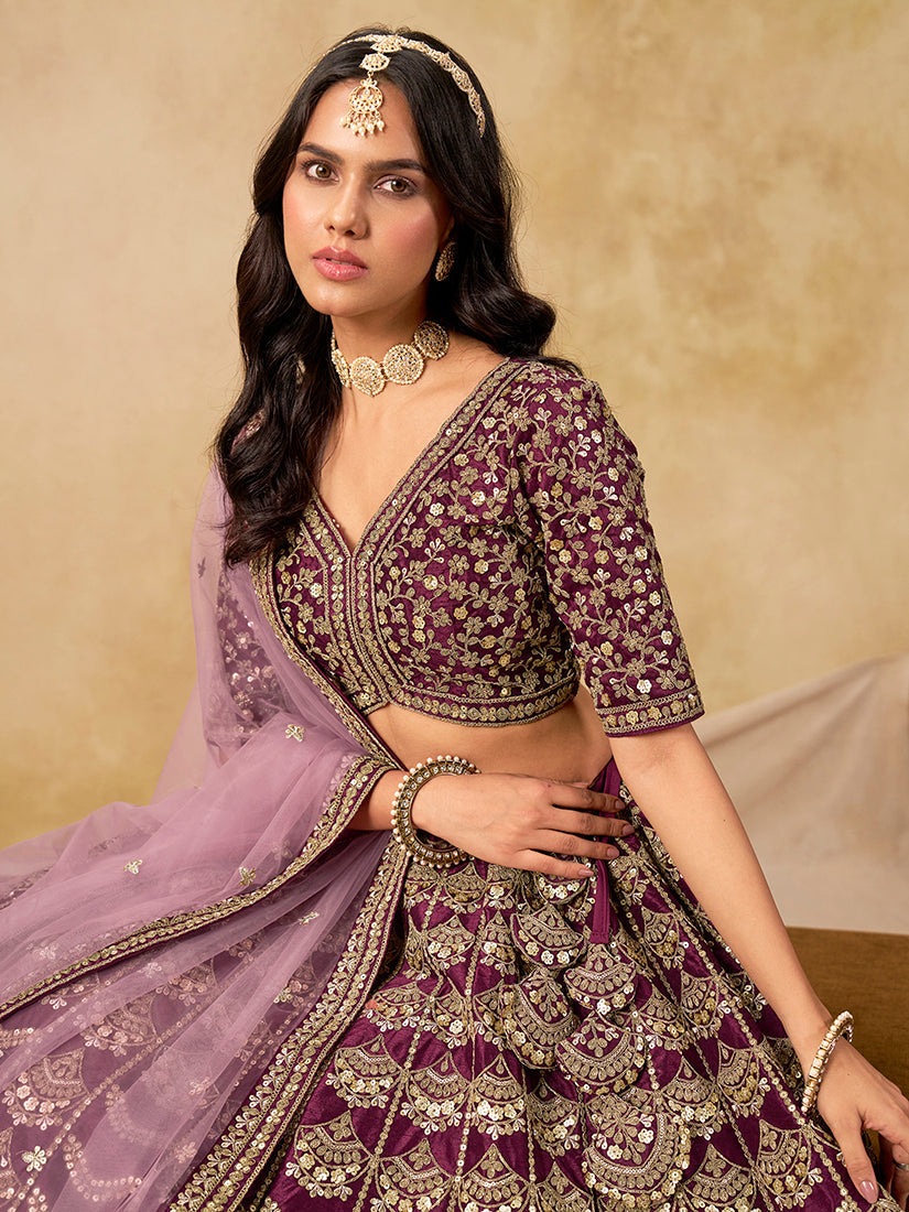 Monjolika Fashion Purple Color Zari Embroidered Work Art Silk A Line Lehenga Choli - Distacart