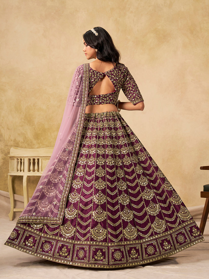 Monjolika Fashion Purple Color Zari Embroidered Work Art Silk A Line Lehenga Choli - Distacart