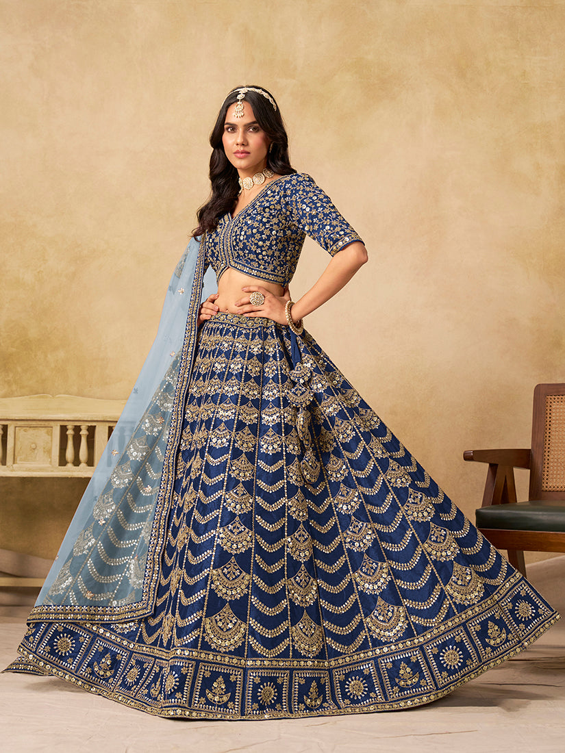 Monjolika Fashion Navy Blue Color Zari Embroidered Work Art Silk A Line Lehenga Choli