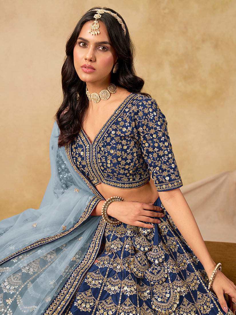 Monjolika Fashion Navy Blue Color Zari Embroidered Work Art Silk A Line Lehenga Choli