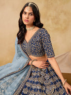 Monjolika Fashion Navy Blue Color Zari Embroidered Work Art Silk A Line Lehenga Choli