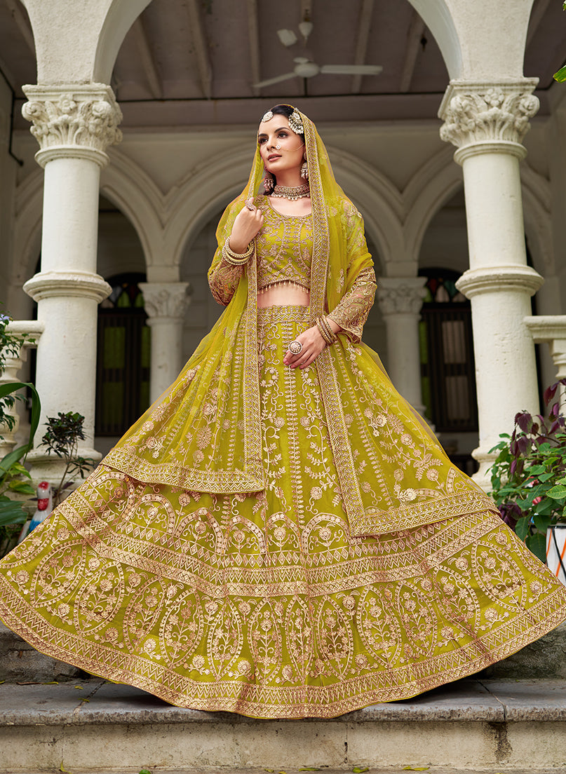 Monjolika Fashion Parrot Green Butterfly Net Embroidered Work Stunning Lehenga For Wedding Season