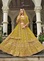 Monjolika Fashion Parrot Green Butterfly Net Embroidered Work Stunning Lehenga For Wedding Season
