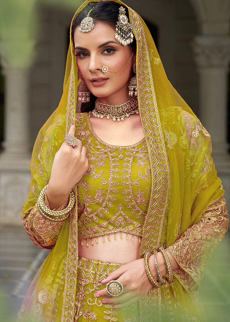 Monjolika Fashion Parrot Green Butterfly Net Embroidered Work Stunning Lehenga For Wedding Season