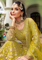 Monjolika Fashion Parrot Green Butterfly Net Embroidered Work Stunning Lehenga For Wedding Season