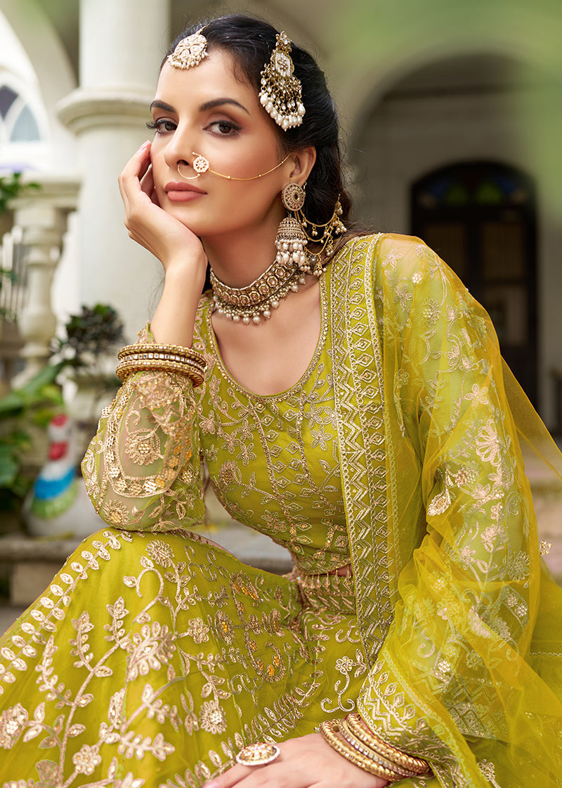 Monjolika Fashion Parrot Green Butterfly Net Embroidered Work Stunning Lehenga For Wedding Season