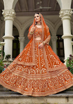 Monjolika Fashion Orange Butterfly Net Embroidered Work Stunning Lehenga For Wedding Season