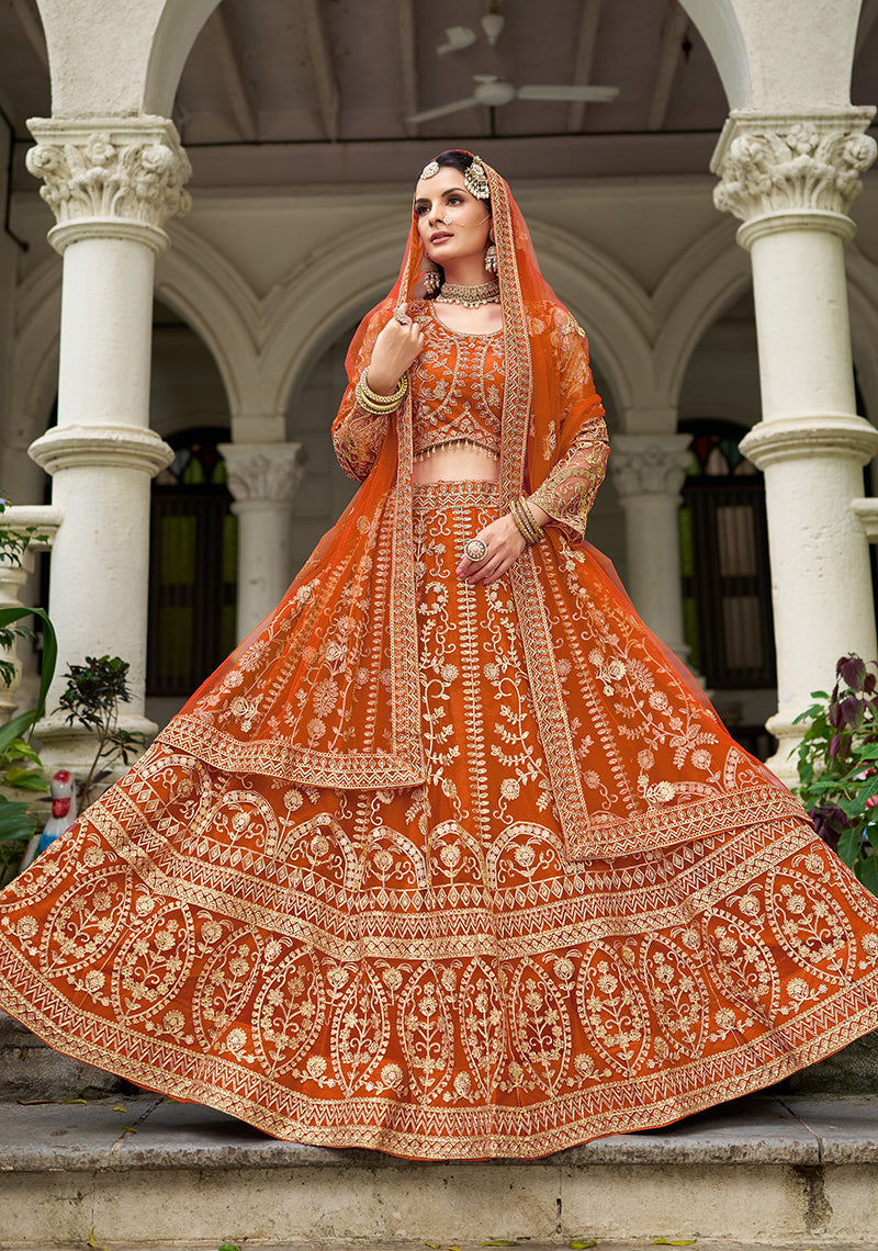 Monjolika Fashion Orange Butterfly Net Embroidered Work Stunning Lehenga For Wedding Season