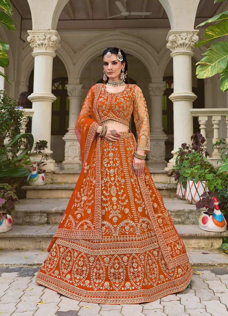 Monjolika Fashion Orange Butterfly Net Embroidered Work Stunning Lehenga For Wedding Season