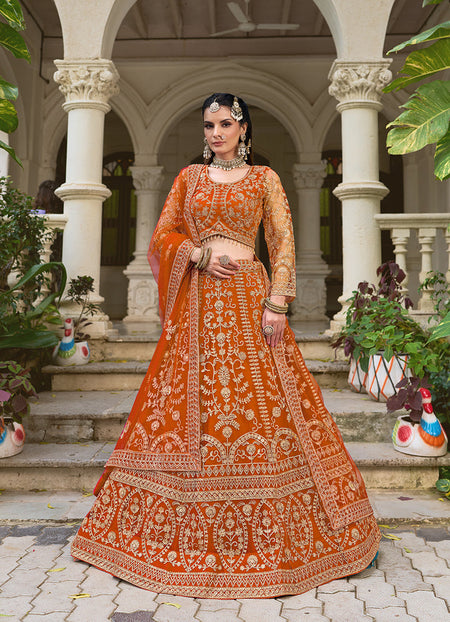 Monjolika Fashion Orange Butterfly Net Embroidered Work Stunning Lehenga For Wedding Season