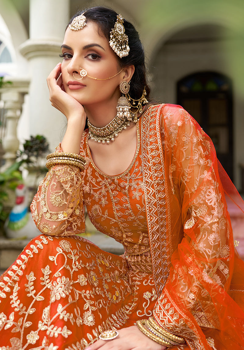 Monjolika Fashion Orange Butterfly Net Embroidered Work Stunning Lehenga For Wedding Season